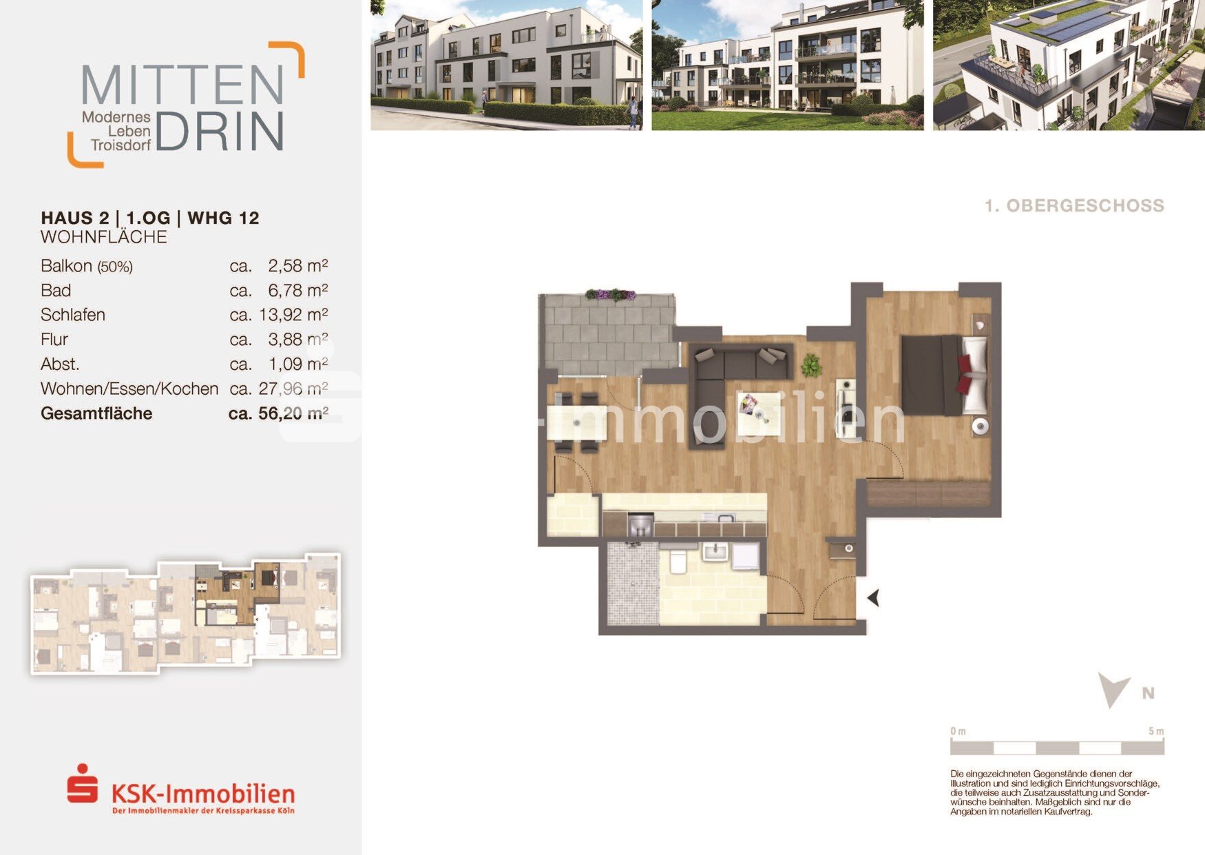 Wohnung zum Kauf 299.000 € 2 Zimmer 56,2 m²<br/>Wohnfläche 1.<br/>Geschoss Oberlar Troisdorf / Oberlar 53842