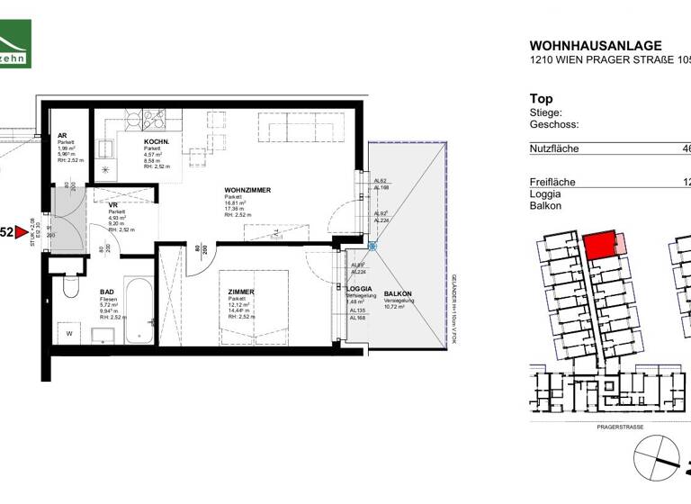 Wohnung zur Miete 742 € 2 Zimmer 46,1 m² 4. Geschoss frei ab 01.07.2026 Prager Straße 105 + 109 Wien 1210