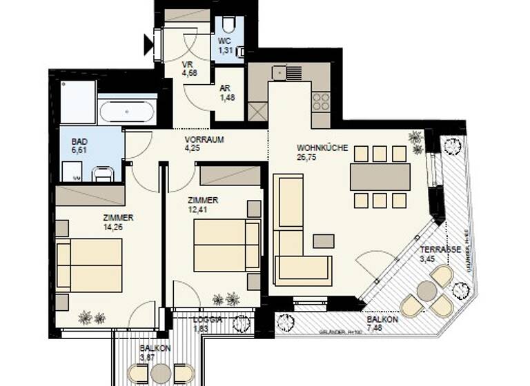 Terrassenwohnung zum Kauf - Erstbezug 707.848 € 3 Zimmer 73,6 m² 3. Geschoss frei ab 01.12.2026 Wien / Wien 3., Landstraße 1030