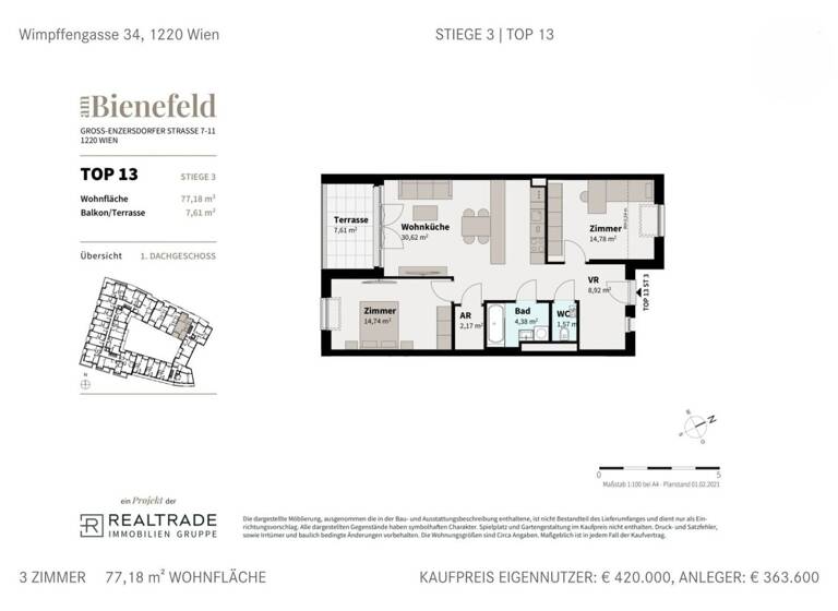 Wohnung zum Kauf 479.000 € 3 Zimmer 77,2 m² Wien 1220