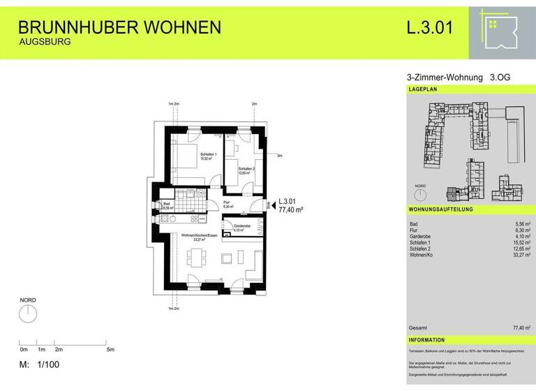 Wohnung zur Miete 1.238 € 3 Zimmer 77,4 m² frei ab sofort Schallerstraße 3 Oberhausen Augsburg 86154