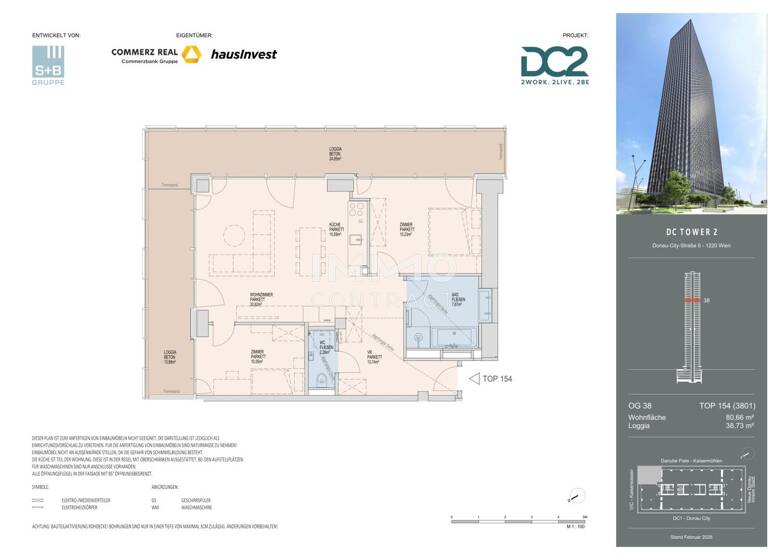 Wohnung zur Miete - Erstbezug 2.023 € 3 Zimmer 80,7 m² 38. Geschoss frei ab 01.11.2026 Wien 1220