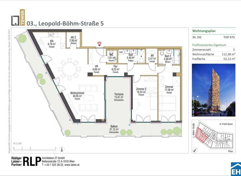 Penthouse zum Kauf - Erstbezug 1.021.000 € 3 Zimmer 112,4 m² 34. Geschoss Leopold-Böhm-Straße 5 Wien 1030