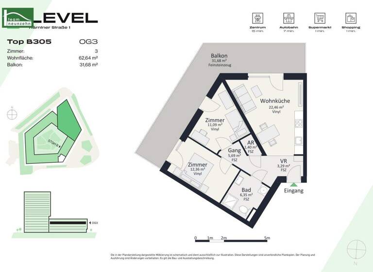 Wohnung zur Miete - Erstbezug 748 € 3 Zimmer 62,6 m² 3. Geschoss frei ab 01.05.2026 Kärntner Straße 1 Gries Graz 8020