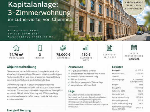 Wohnung zum Kauf 75.000 € 3 Zimmer 74,8 m² Geschoss 4/4 frei ab sofort Lutherviertel Chemnitz 09126