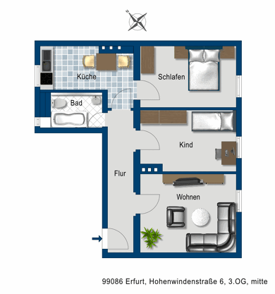 Wohnung zur Miete 481 € 3 Zimmer 59,9 m² 3. Geschoss Hohenwindenstr. 6 Ilversgehofen Erfurt 99086