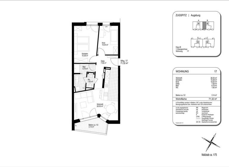 Wohnung zum Kauf - Neubau provisionsfrei 572.700 € 3 Zimmer 71,3 m² 1. Geschoss Zugspitzstraße 5 Hochzoll Augsburg 86163