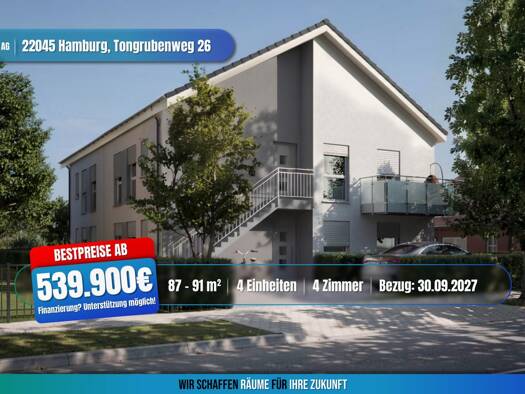 Wohnung zum Kauf - Erstbezug provisionsfrei 539.900 € 4 Zimmer 87 m² 1. Geschoss frei ab 30.09.2027 Tongrubenweg 26 Tonndorf Hamburg 22045