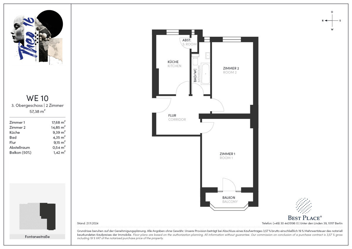 Wohnung zum Kauf 320.000 € 2 Zimmer 57,4 m²<br/>Wohnfläche 3.<br/>Geschoss Fontanestraße 16 Neukölln Berlin 12049