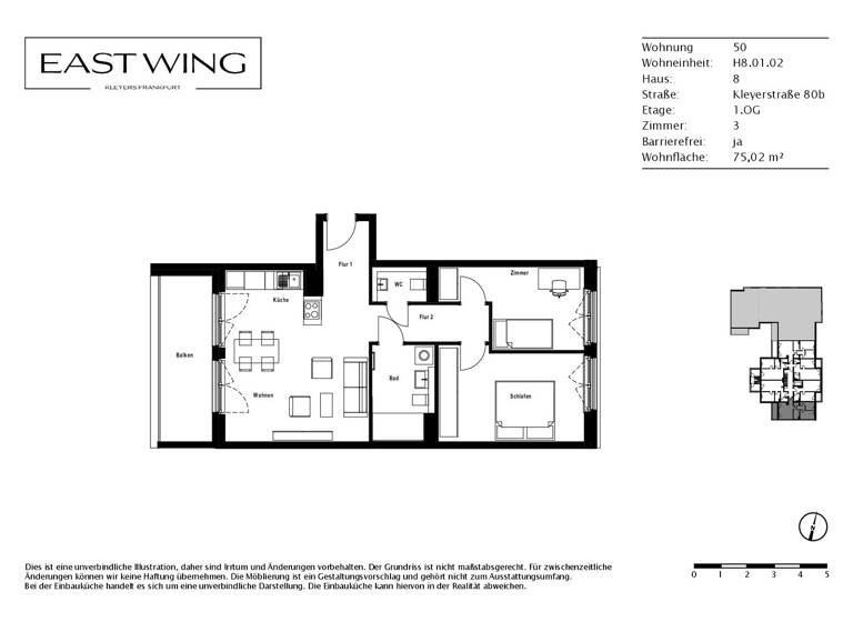 Wohnung zur Miete 1.380 € 3 Zimmer 75 m² 1. Geschoss Kleyerstraße 80b Gallus Frankfurt am Main 60326