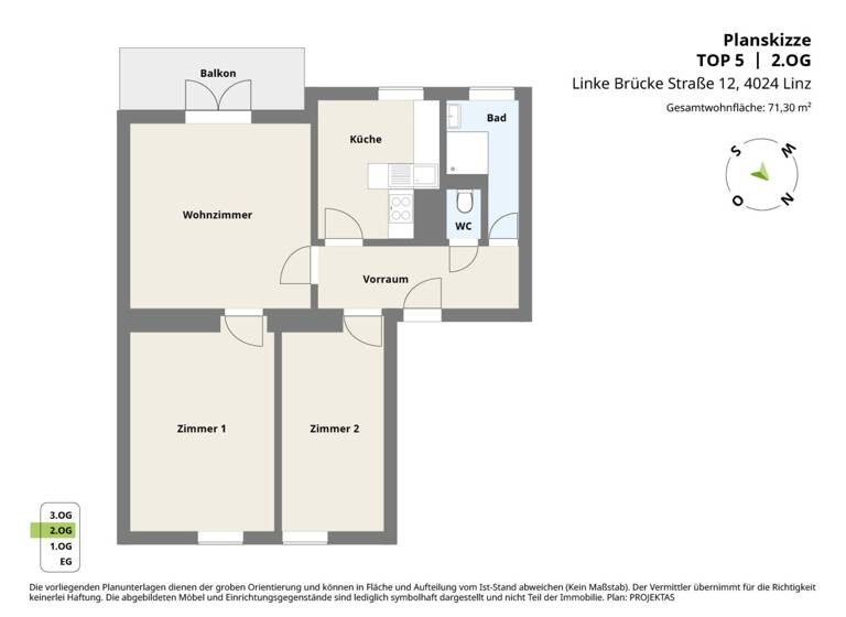 Wohnung zum Kauf 289.000 € 3,5 Zimmer 71,3 m² 2. Geschoss Linke Brückenstraße 12 Urfahr Linz 4040
