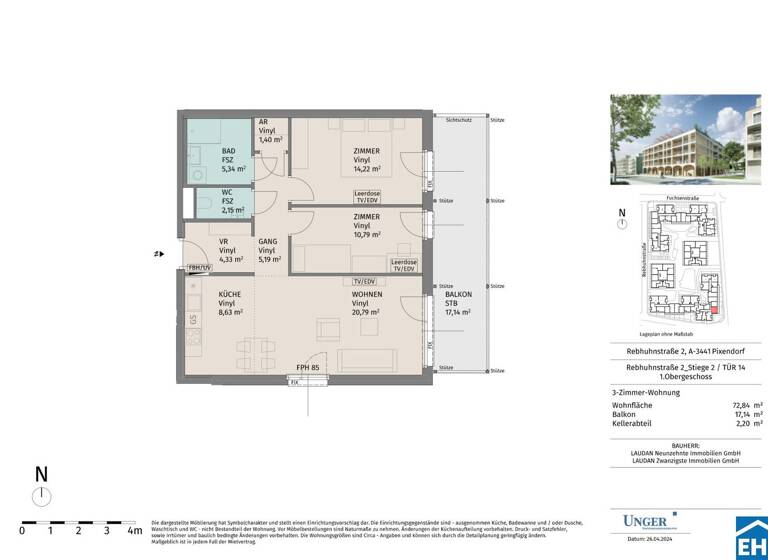 Wohnung zur Miete - Erstbezug 784 € 3 Zimmer 72,8 m² 1. Geschoss Rebhuhnstraße Pixendorf 3451
