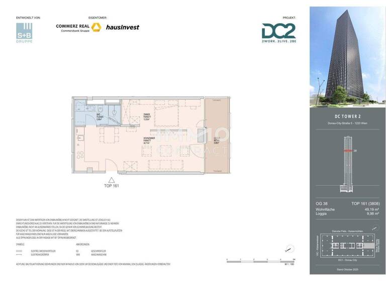 Wohnung zur Miete - Erstbezug 1.599 € 2 Zimmer 49,2 m² 38. Geschoss frei ab 01.11.2026 Wien 1220