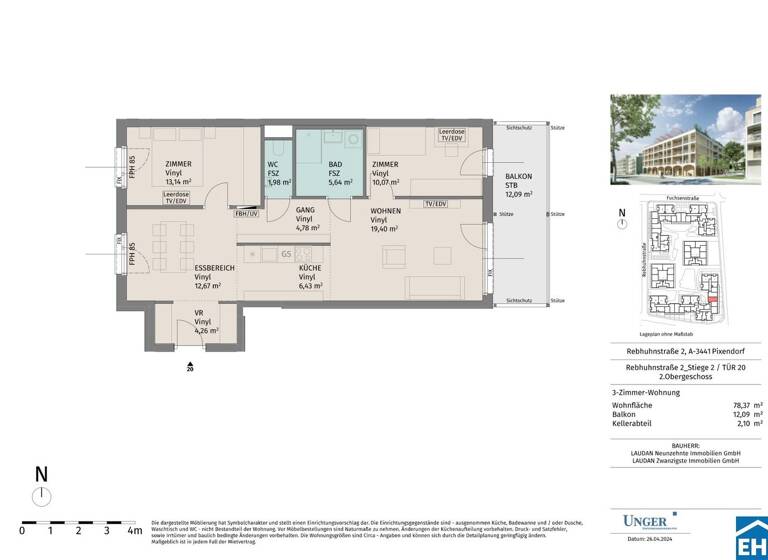 Wohnung zur Miete - Erstbezug 837 € 3 Zimmer 78,4 m² 2. Geschoss Rebhuhnstraße Pixendorf 3451