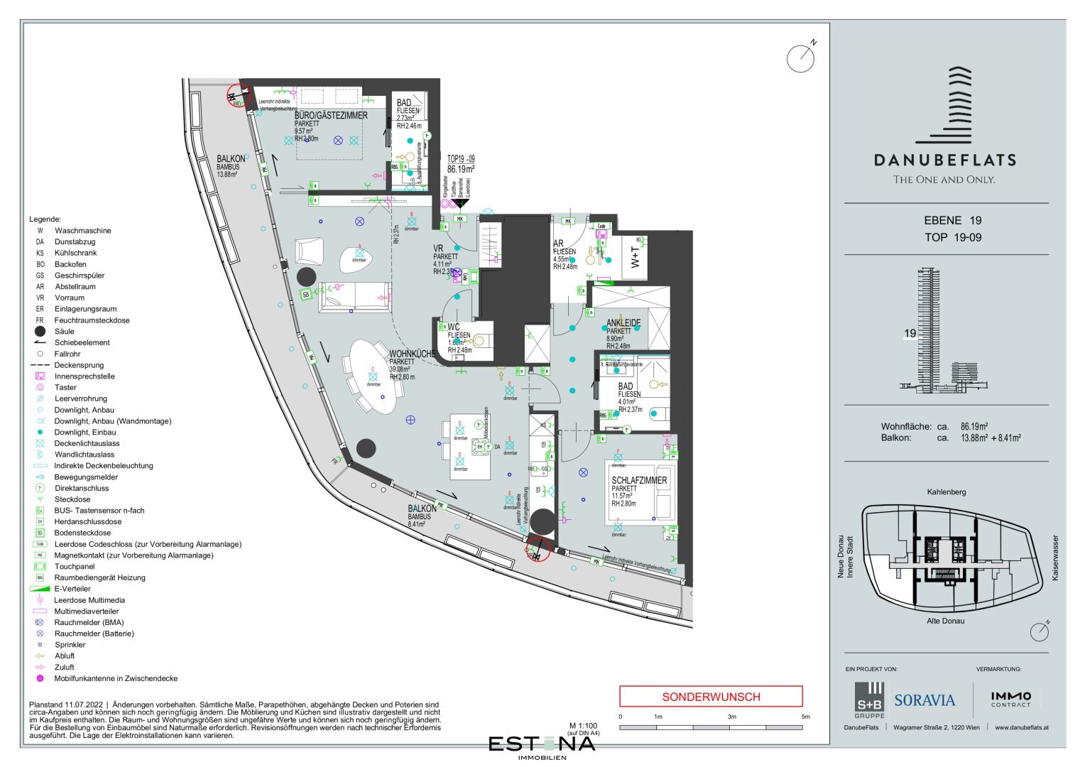 Wohnung zur Miete 3.262 € 3 Zimmer 86,2 m²<br/>Wohnfläche 19.<br/>Geschoss Wagramer Straße Wien 1220