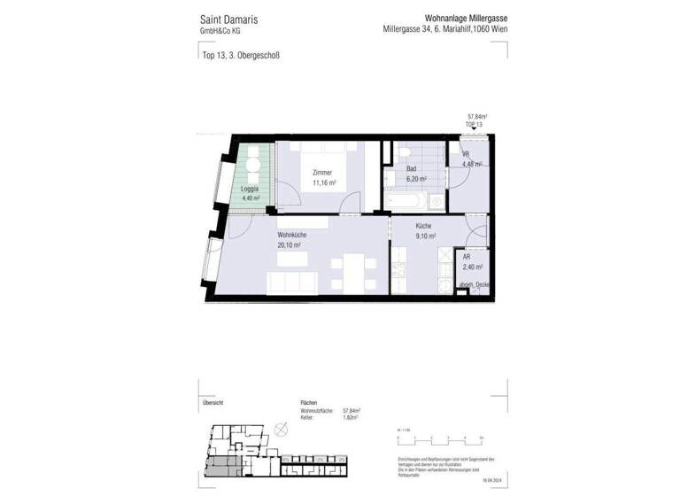 Wohnung zur Miete - Erstbezug 1.690 € 2 Zimmer 57,8 m² 3. Geschoss frei ab 01.07.2026 Millergasse Wien 1060