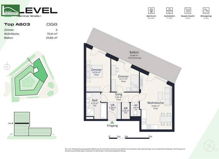 Wohnung zur Miete - Erstbezug 905 € 3 Zimmer 70,4 m² 8. Geschoss frei ab 01.05.2026 Kärntner Straße 1 Gries Graz 8020