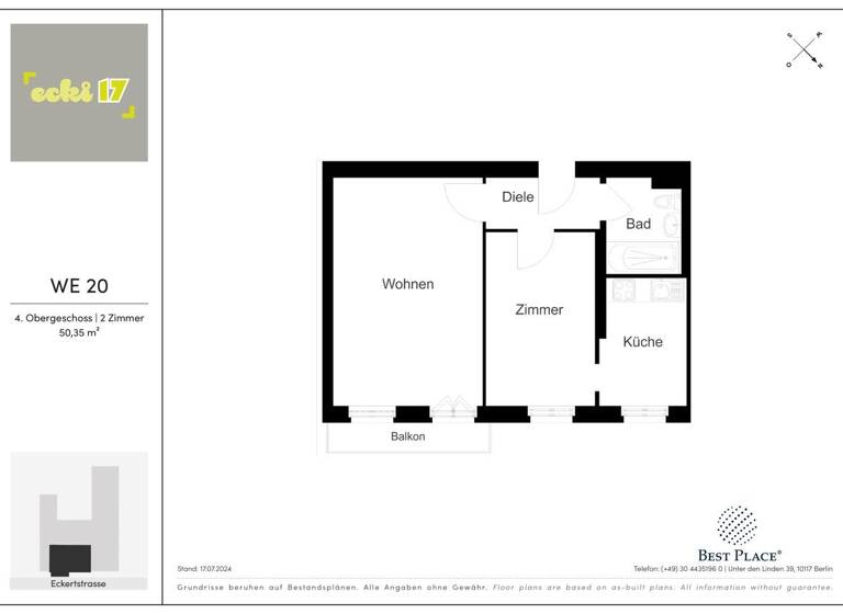 Wohnung zum Kauf provisionsfrei 308.000 € 2 Zimmer 50,4 m²<br/>Wohnfläche 4.<br/>Geschoss Eckertstraße 17 Friedrichshain Berlin 10249