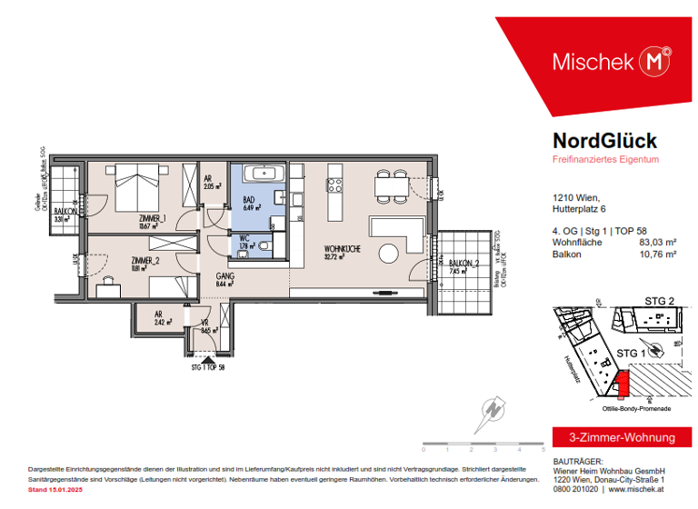 Wohnung zum Kauf provisionsfrei 465.000 € 3 Zimmer 83 m² 4. Geschoss Wien 1210