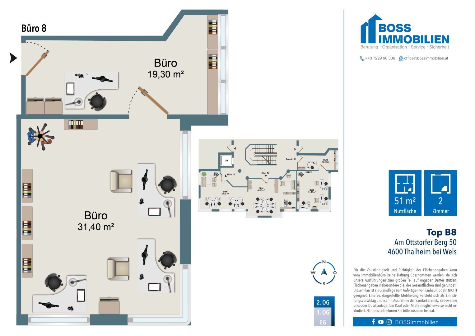 Büro-/Praxisfläche zur Miete 555 € 2 Zimmer 50,7 m²<br/>Bürofläche Am Ottstorfer Berg 50 Thalheim bei Wels 4600