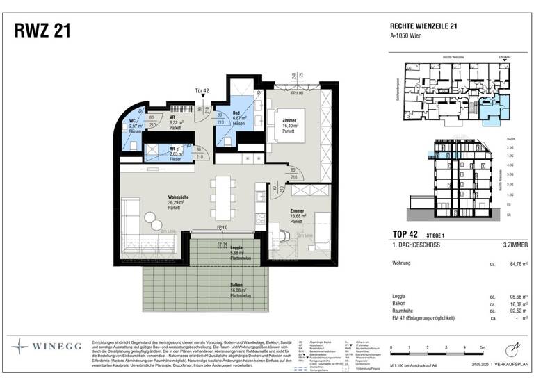 Wohnung zum Kauf - Erstbezug 1.180.000 € 3 Zimmer 84,8 m² 4. Geschoss Rechte Wienzeile 21 Wien 1040