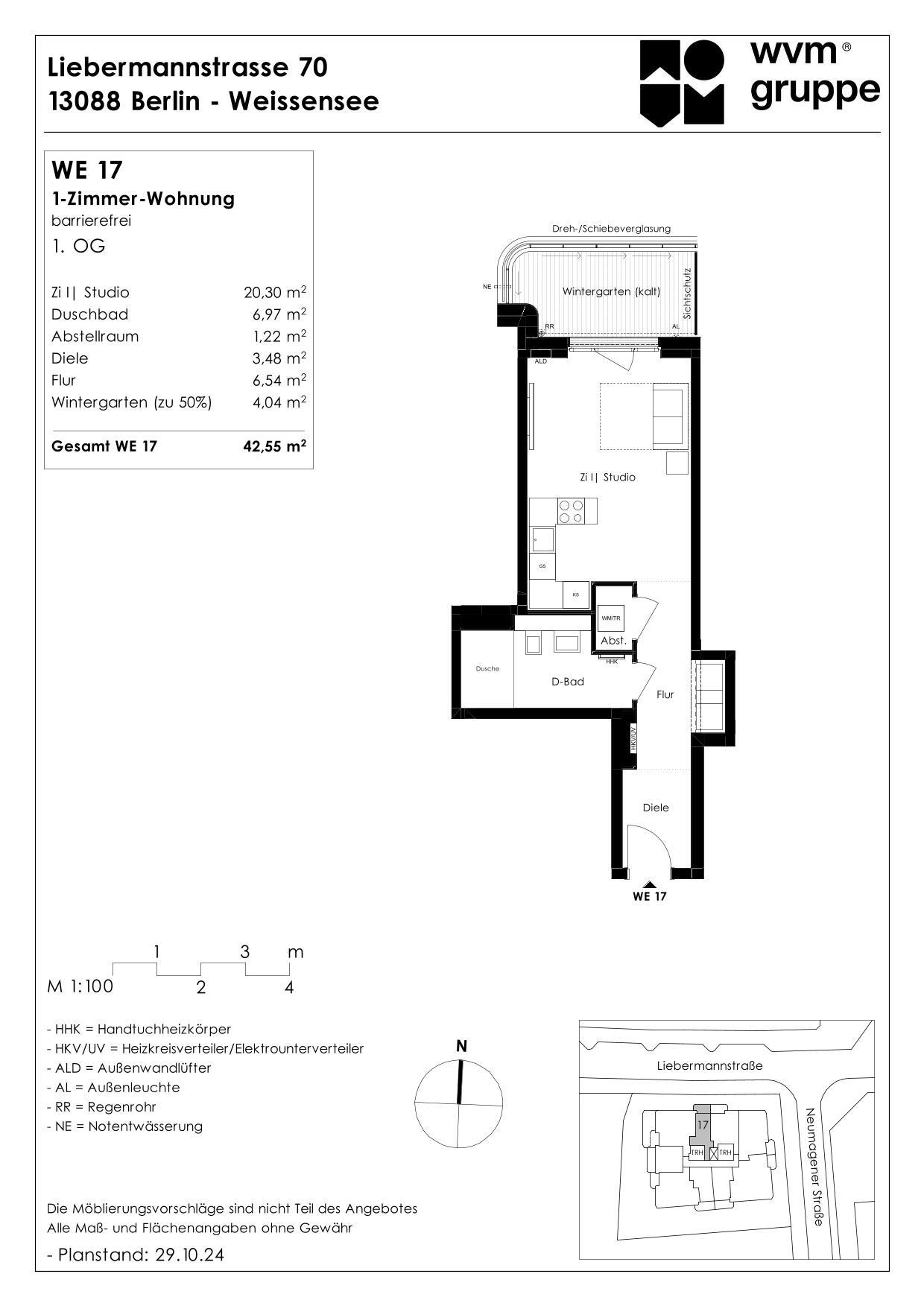 Wohnung zum Kauf provisionsfrei 285.000 € 1 Zimmer 42,6 m²<br/>Wohnfläche 1.<br/>Geschoss Liebermannstraße 70 Weißensee Berlin 13088