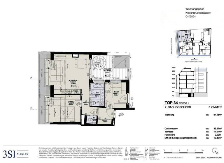 Wohnung zum Kauf - Erstbezug 1.029.500 € 3 Zimmer 67,2 m² 5. Geschoss Kettenbrückengasse 1 Wien 1050