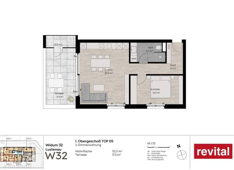 Terrassenwohnung zum Kauf - Erstbezug 395.000 € 2 Zimmer 52 m² 1. Geschoss Widum 32 Lustenau 6890