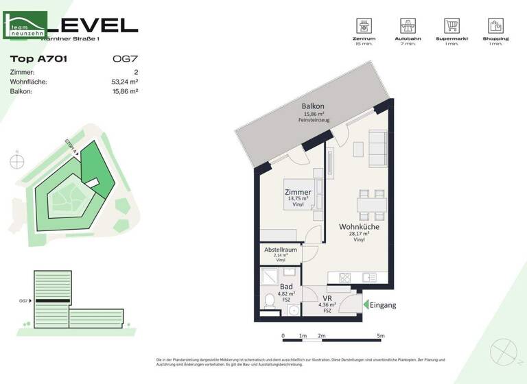 Wohnung zur Miete - Erstbezug 708 € 2 Zimmer 53,2 m² 7. Geschoss frei ab 01.05.2026 Kärntner Straße 1 Gries Graz 8020