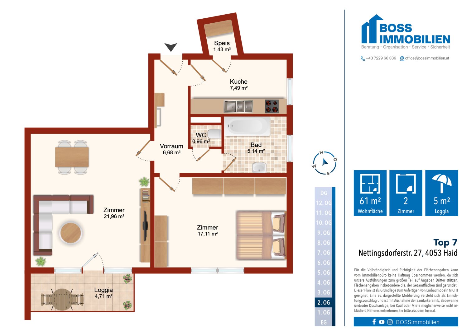 Wohnung zur Miete 447 € 2 Zimmer 60,8 m²<br/>Wohnfläche 2.<br/>Geschoss Nettingsdorfer Straße 27 Haid 4053