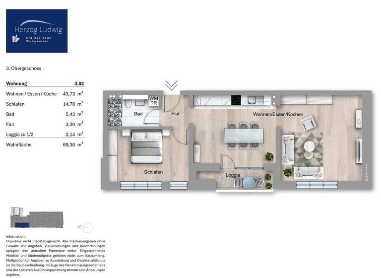 Wohnung zum Kauf provisionsfrei 599.900 € 2,5 Zimmer 69,3 m² 3. Geschoss Erding 85435