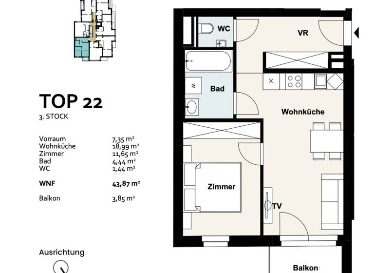 Wohnung zum Kauf - Erstbezug 316.697 € 2 Zimmer 43,9 m² 3. Geschoss Baumergasse 2a Wien 1210