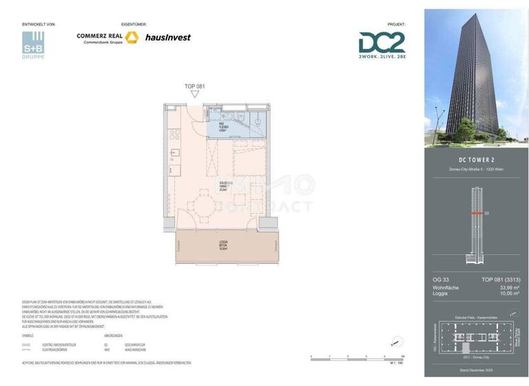 Studio zur Miete - Erstbezug 972 € 1 Zimmer 34 m² 33. Geschoss frei ab 01.11.2026 Wien 1220