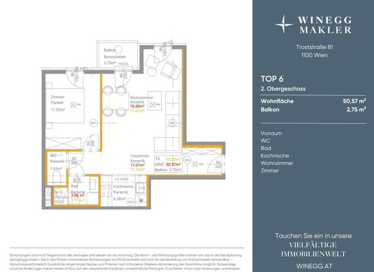 Wohnung zur Miete - Erstbezug 910 € 2 Zimmer 50,6 m² 2. Geschoss Troststraße 81 Wien 1100