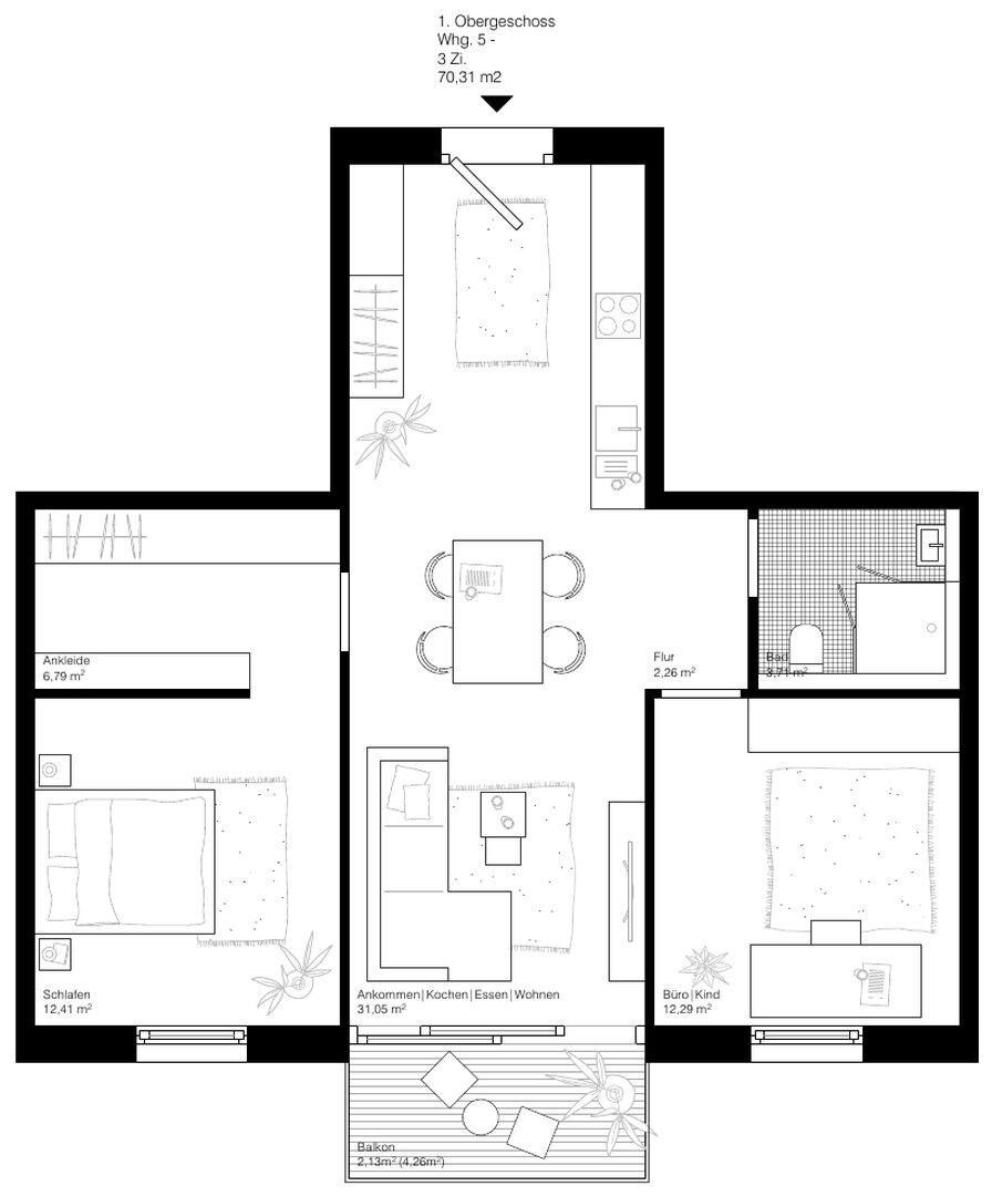 Wohnung zum Kauf provisionsfrei 413.000 € 3 Zimmer 70,3 m²<br/>Wohnfläche 1.<br/>Geschoss 30.06.2026<br/>Verfügbarkeit Bergstraße Eutingen Eutingen im Gäu 72184