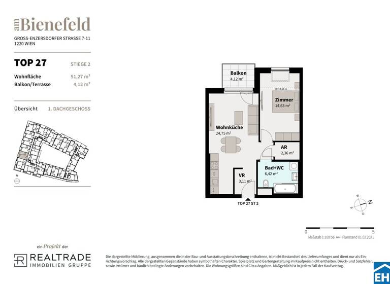 Wohnung zum Kauf - Erstbezug 276.100 € 2 Zimmer 51,3 m² 2. Geschoss Wimpffengasse Wien 1220