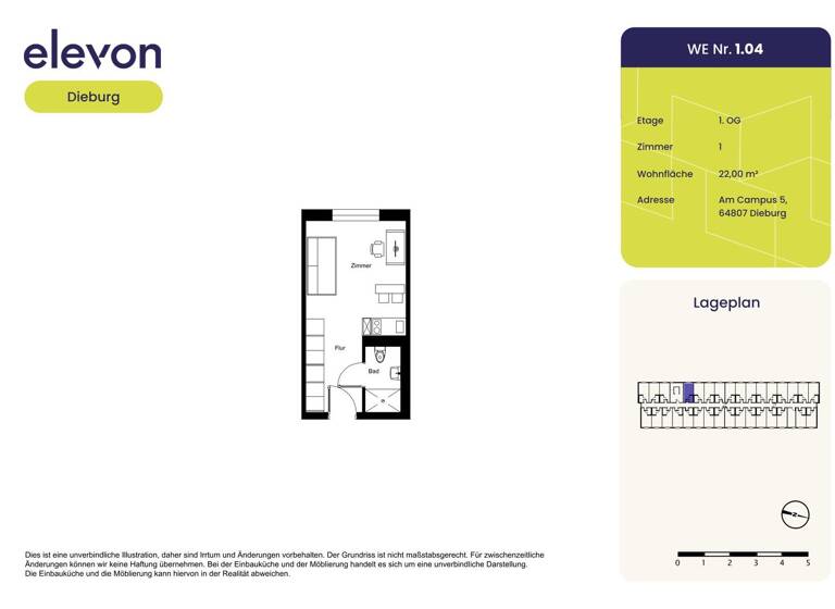 Studio zur Miete 395 € 1 Zimmer 22 m² 1. Geschoss Am Campus 5 Dieburg 64807