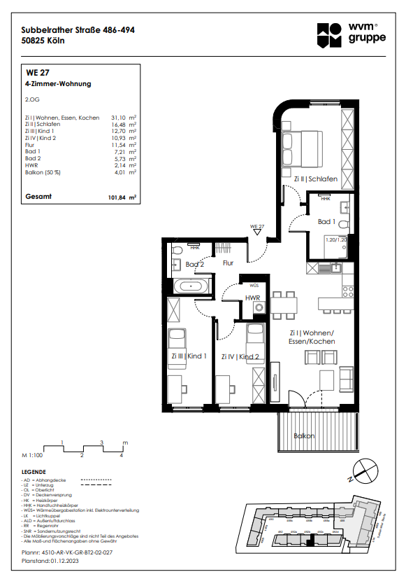 Wohnung zum Kauf provisionsfrei 654.455 € 4 Zimmer 101,8 m²<br/>Wohnfläche 1.<br/>Geschoss Subbelrather Str. 492b Ehrenfeld Köln 50825