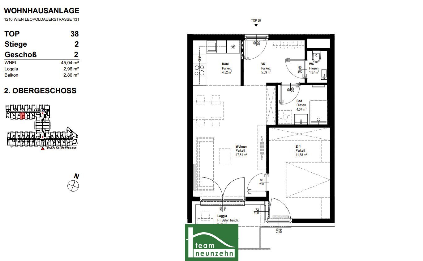 Wohnung zur Miete 697 € 2 Zimmer 45 m²<br/>Wohnfläche 2.<br/>Geschoss Leopoldauer Straße 131 Wien 1210