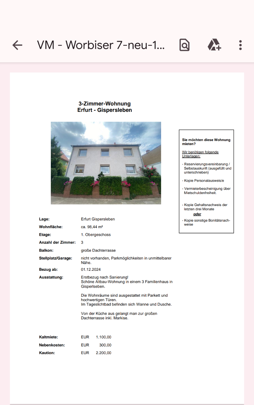 Wohnung zur Miete 1.100 € 3 Zimmer 98 m²<br/>Wohnfläche 1.<br/>Geschoss ab sofort<br/>Verfügbarkeit Gispersleben Erfurt 99091