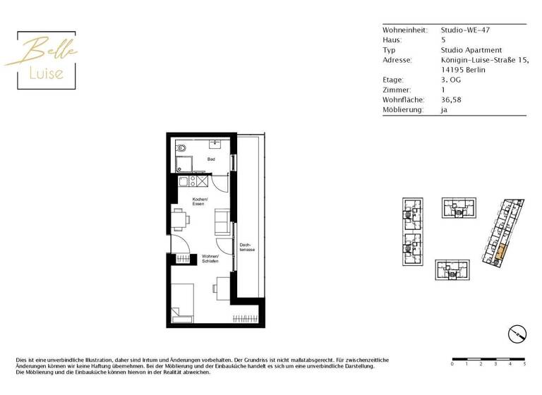 Studio zur Miete - Erstbezug 1.110 € 1 Zimmer 36,6 m² 3. Geschoss Königin-Luise-Straße 15 Dahlem Berlin 14195