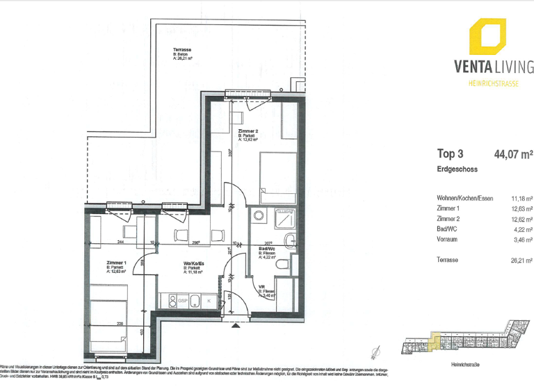Wohnung zur Miete 726 € 3 Zimmer 43,8 m² 1. Geschoss frei ab sofort Heinrichstraße 73 Geidorf Graz 8010