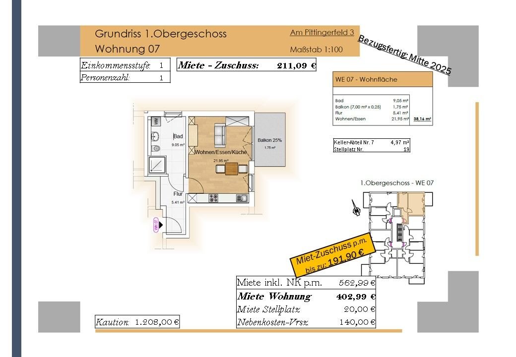 Wohnung zur Miete 211 € 1,5 Zimmer 38,2 m²<br/>Wohnfläche 1.<br/>Geschoss Am Pittingerfeld 3 Wörth Wörth an der Donau 93086