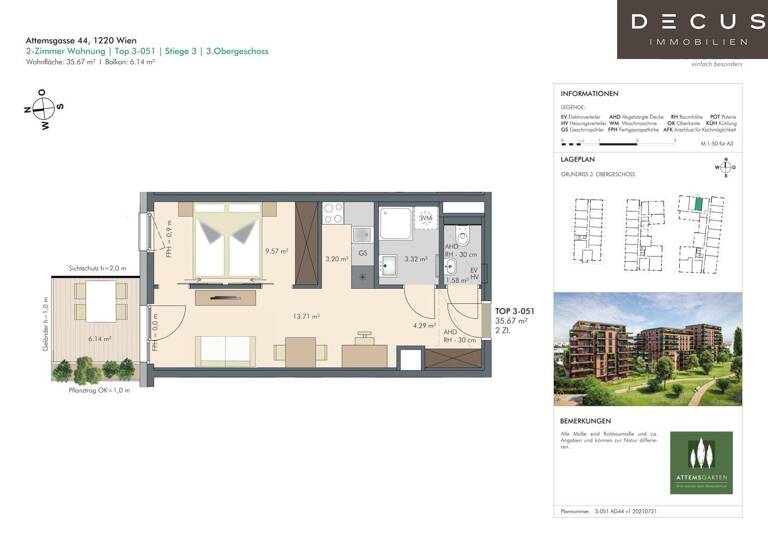 Wohnung zur Miete 678 € 2 Zimmer 3. Geschoss Wien,Donaustadt 1220