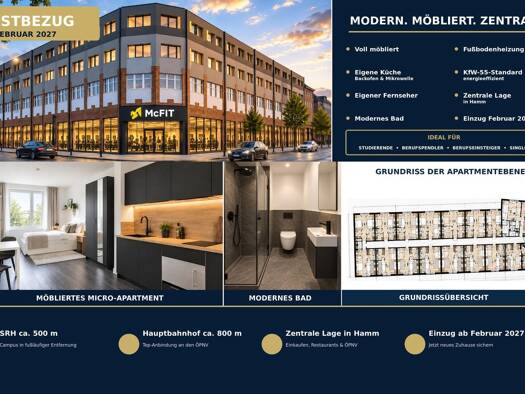 Wohnung zur Miete - Erstbezug 595 € 1 Zimmer 35 m² frei ab 01.02.2027 Hamm-Mitte Hamm 59065