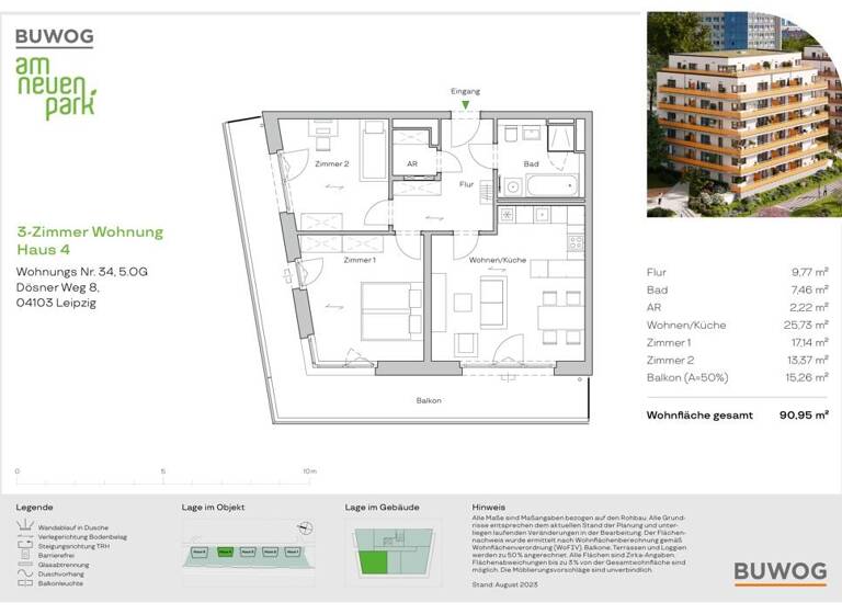 Wohnung zum Kauf - Neubau 494.000 € 3 Zimmer 91 m²<br/>Wohnfläche 5.<br/>Geschoss Dösner Weg 8 Zentrum-Südost Leipzig 04103