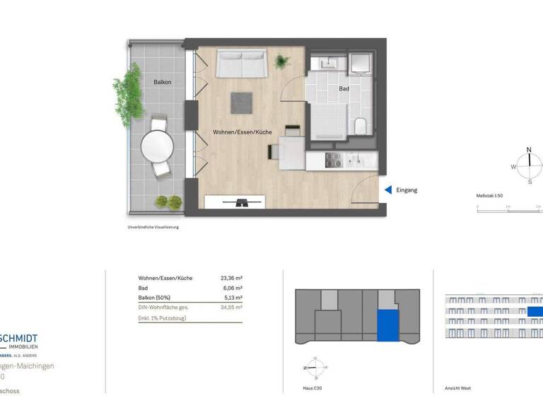 Studio zur Miete - Erstbezug 650 € 1 Zimmer 34,6 m² 2. Geschoss frei ab sofort Maichingen Sindelfingen 71069