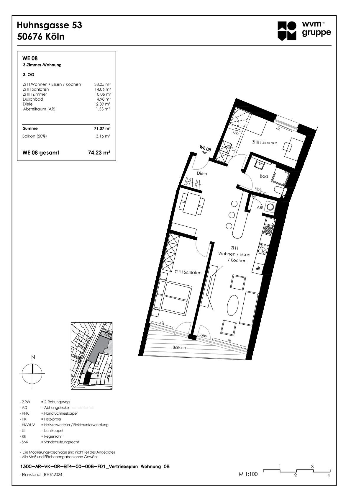 Wohnung zum Kauf provisionsfrei 489.900 € 3 Zimmer 74,2 m²<br/>Wohnfläche 3.<br/>Geschoss Huhnsgasse 53 Altstadt - Süd Köln 50676