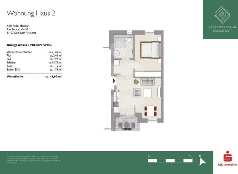 Wohnung zum Kauf - Neubau 299.000 € 2 Zimmer 45,6 m² EG Rath/Heumar Köln 51107