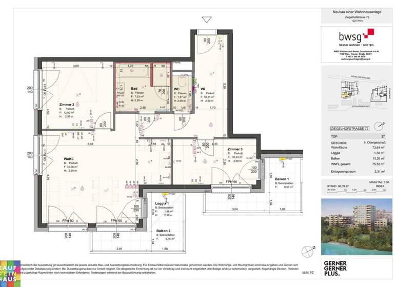 Wohnung zum Kauf - Erstbezug 429.990 € 3 Zimmer 73,6 m² frei ab sofort Ziegelhofstraße 72 Wien 1220